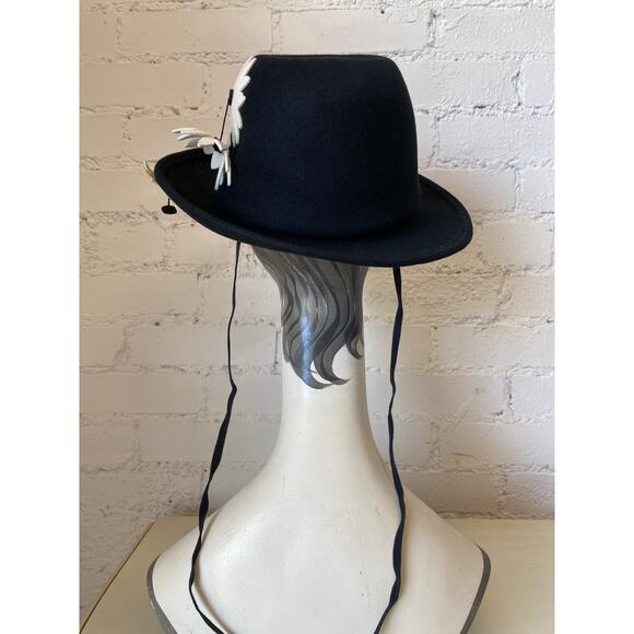vintage 1960s Adolfo black wool wide brim hat with daisies 60s designer mod